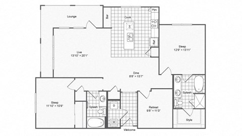 Floor plan for 2 beds, 2 baths, 1446 sqft